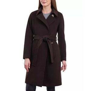Michael Kors Women's Wool Blend Belted‎ Wrap Coat Chocolate Petite Large